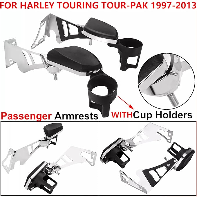 Motorcycle Passenger Armrests Adjustable with Cup Holder for Harley Touring Electra Glides Road Glide Ultra Tri Glide 1997-2013 Motorbike Accessories Parts Chrome