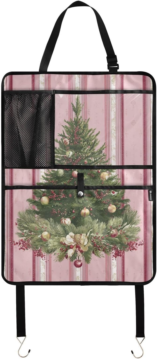 1 Pack Back Seat Car Organizer with Storage Pockets Kick Mats Back Seat Protector Hanging Car Organizer Automotive Seat Back Cover Organizers Cute Pink Striped Christmas Tree