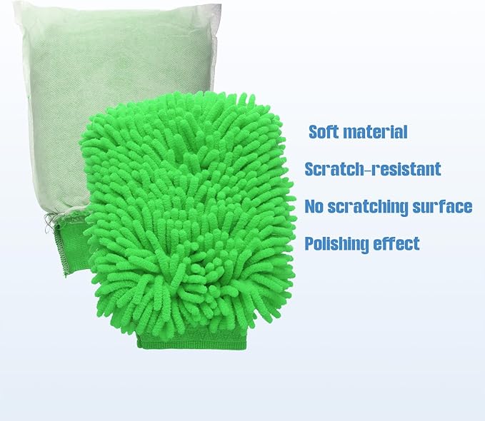 HARFINGTON Chenille Microfiber Car Wash Mitts 9" x 5.5" Scratch Free Wash Gloves Absorbent Double Sided Plush Cleaning Drying Mitts for Car Washing Home Clean Green
