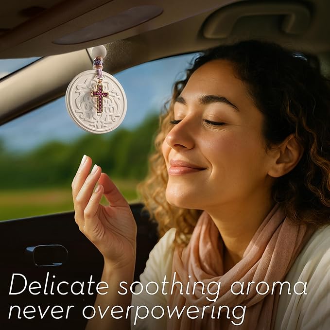 Luxury Car Air Freshener for Women - Refillable & Portable Essential Oil Fragrance Diffuser - Cute Car Accessories & Interior Decor - Mirror Hanging or Vent Clips - Rubies Cross Charm, Rose Scent