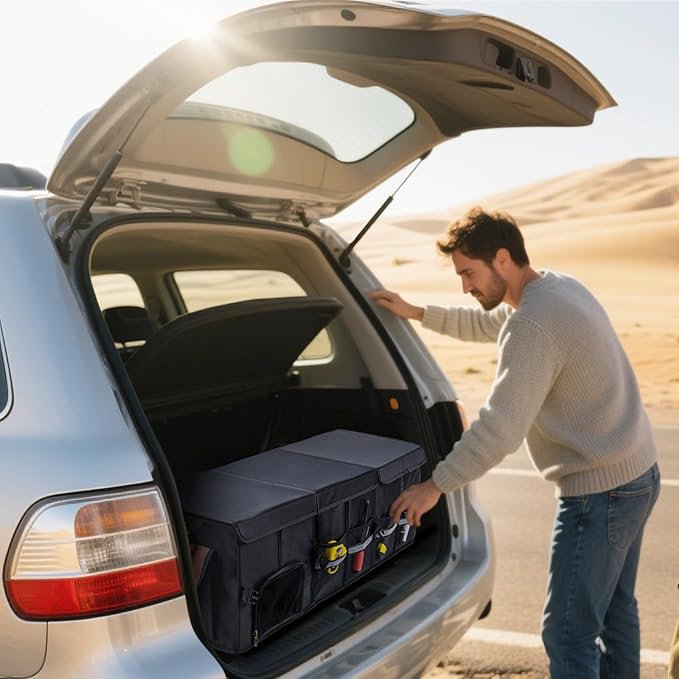 HAMOPY Car Trunk Organizer and Storage with Separate Compartment for 1 Pair of Shoes, Heavy Duty with Lid & Removable Leakproof Cooler Bag, Collapsible Large Trunk Organizers for SUV Sendan (Black)