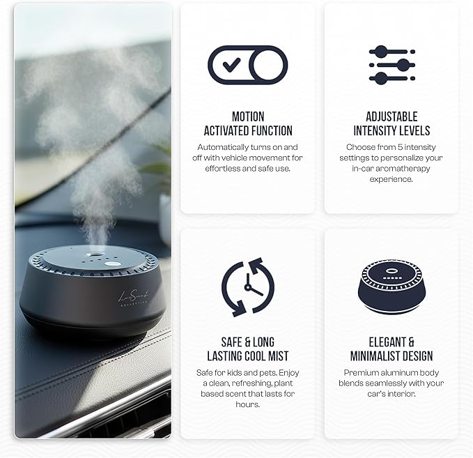 Smart Car Diffuser with 20ML Scent Oil Included - Car Air Freshener - Aromatherapy Diffuser - Portable, Compact, Cordless and Quiet Device - Deluxe Car Diffuser Luxscent Collection