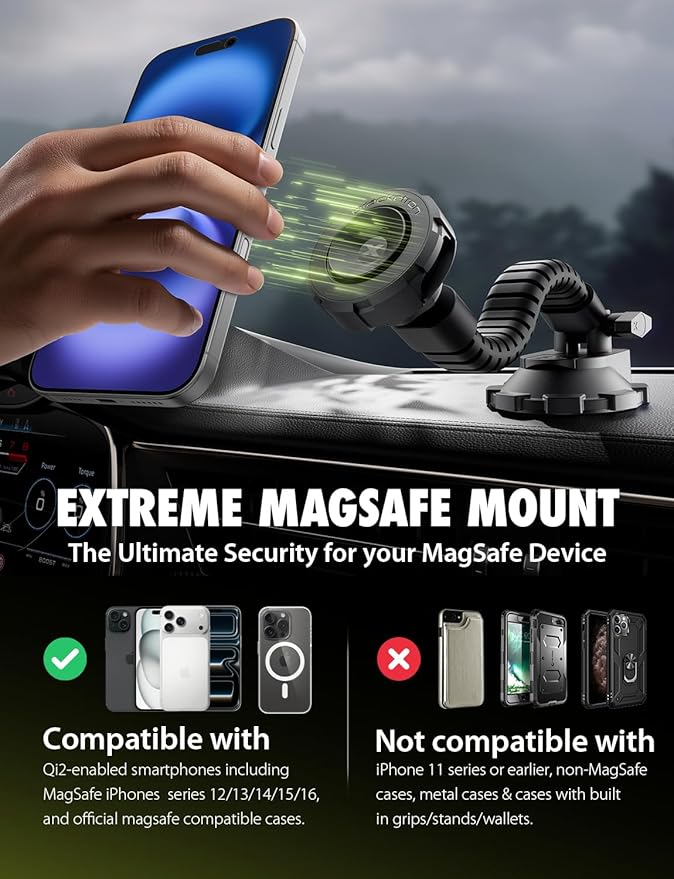 Bracketron MagAlign X Pro - Magsafe Car Phone Mount for Truck with Flexible Arm for Dashboard & Windshield - Magnetic Phone Holders for Your Car for iPhone 17 Pro Max 16 15 14 13 12 Plus