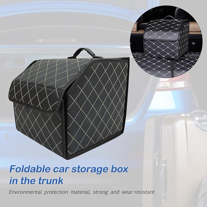 Car Trunk Leather Organizer Small Foldable Vehicle Trunk Storage Box with Grid Pattern Thread for SUV and Sedan Cargo Management