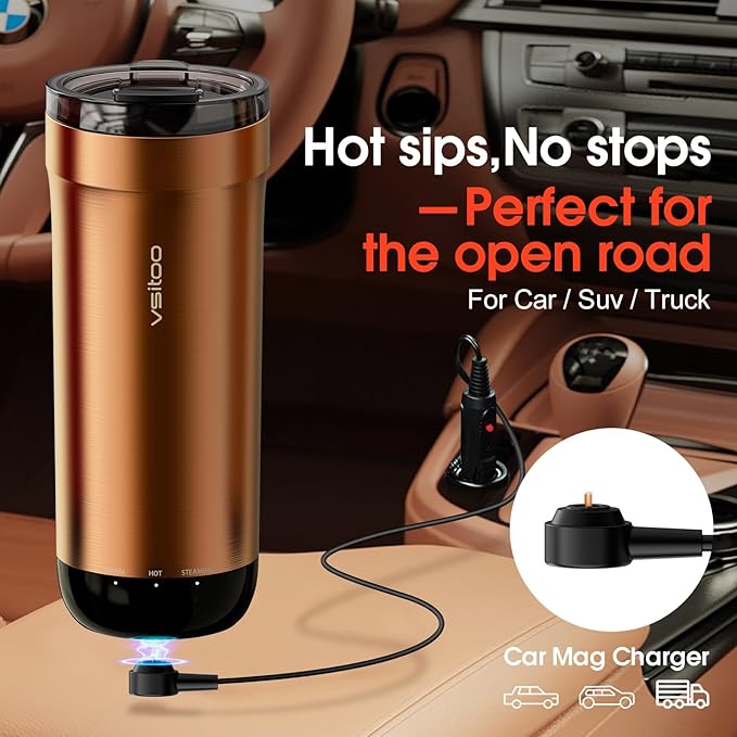 VSITOO S5 heated travel mug,16oz, Auto-Sensing AI Heats Drinks To 120-150°F Hands-Free. Temperature Control for All Cars, Perfect for Home/Office/Travel/Outdoor, Ideal Gift for Coffee Lovers - Copper