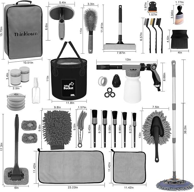 ThinkLearn Car Wash Detailing Kit with Foam Gun, Car Cleaning Kit Set,Car Wash Brush with Long Handle, Large Folding Bucket for Interior Exterior Car Wash Supplies, Car Gift Set Gray