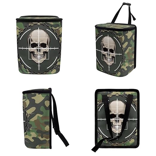 1.2 Gallons Mini Car Trash Can, Camouflage Skull Automotive Garbage Cans, Adjustable Hanging for Tail of Console/Back of Seats, Odor-Free with Zipper Leak-Proof Lid Design, Easy to Clean