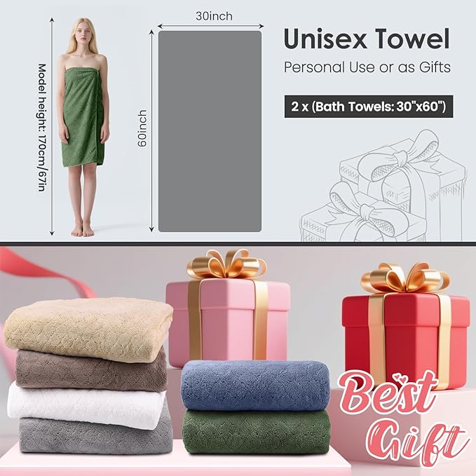 JML Microfiber Bath Towels Set of 2, Oversized, Ultra Soft, Super Absorbent, Fast Drying, No Fading Large Bathroom Towel for Yoga, Sauna, Travel, Fitness (Coral Fleece - Olive-Green, 30 in x 60 in)