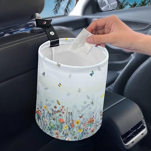 Wild Floral Pattern Cute Car Trash Bag, Hanging Car Organizer and Storage Bag, Trash Bin for Car Accessories, Vehicle, Travelling, Camping