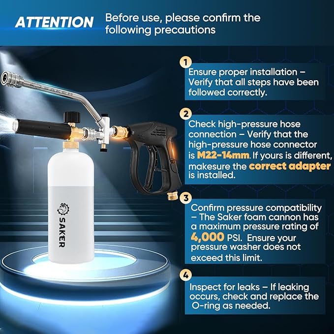 Saker Foam Cannon Dual Connector Accessory for Pressure Washer Kit,with Foam Cannon Dual Connector,Pressure Washer Gun for Car Washing and Cleaning,5 Power Washer Sprayer Nozzles