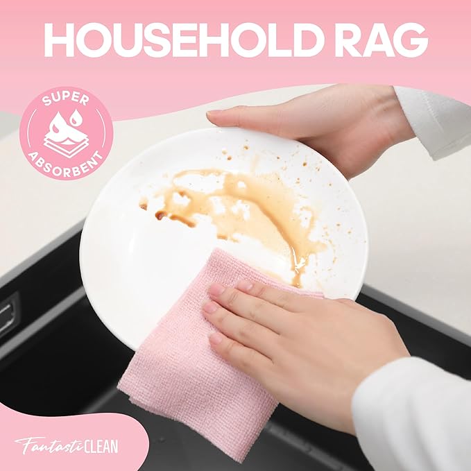 Fantasticlean Microfiber Cleaning Cloth Roll -60 Pack, Tear Away Paperless Towels, 8" x 8", Reusable Washable Rags, for House Kitchen, Pet, Office, Indoor Outdoor, Compact and Portable (Pink)