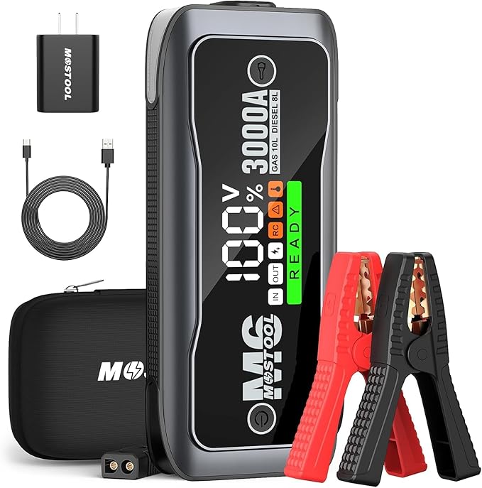 MOSTOOL 3000A Car Jump Starter, 12V Portable Battery Jump Starter with LCD Display, Fits Gas Engines up to 10.0L and Diesel Engines up to 8.0L, Gray