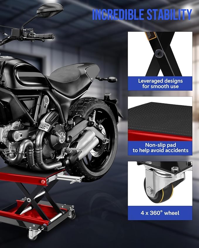 1100LBS Motorcycle Lift Scissor Jack with Dolly Wheels & Hand Crank, Heavy Duty Adjustable Bike Lift Stand with Foldable Non-Slip Platform for Cruiser, Dirt Bike, ATV Garage Repair