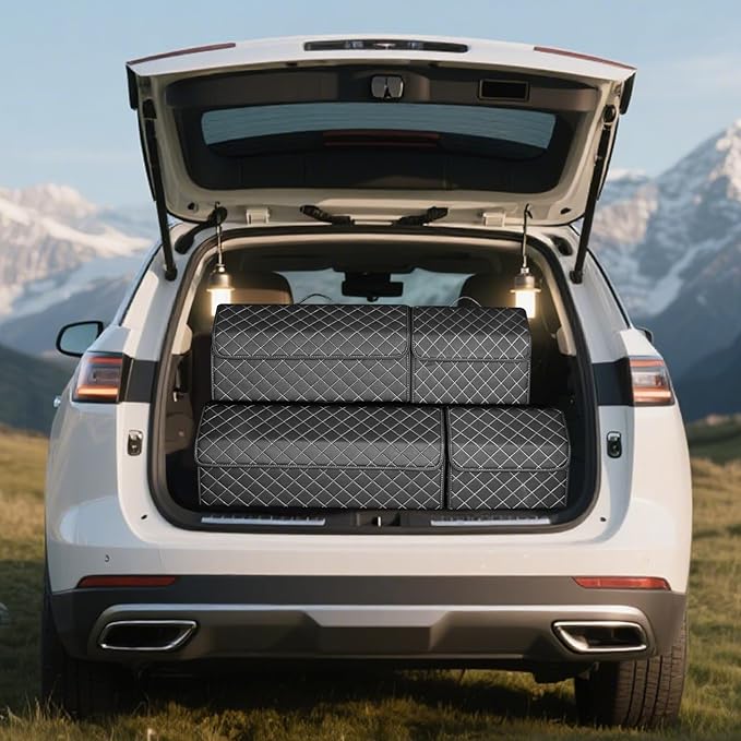 Ergocar Luxury Foldable Car Trunk Organizer - Black, 53L, Waterproof PU, Foldable Mount, Auto/SUV/Truck