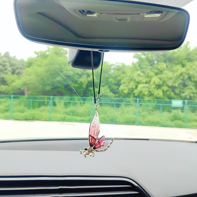 Bling Car Accessories for Women Interior, Diamond-Encrusted Dragonfly Rear View Mirror Accessories, Cute Car Decor Hanging Ornament Bag Charms Home Decor