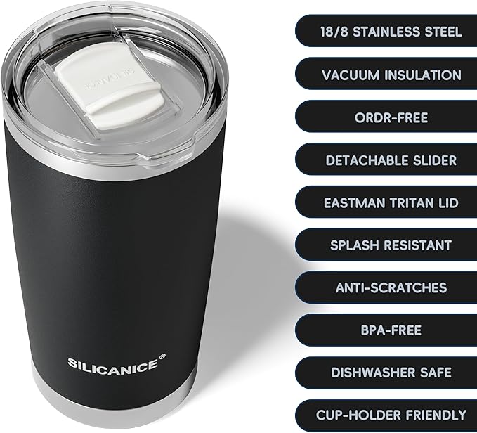 20oz Vacuum Insulated Tumbler - Double Wall Stainless Steel Coffee Mug with Detachable Slider Lid, BPA Free, Car Cup Holder Compatible - Gym/Office/Travel/Home - Black