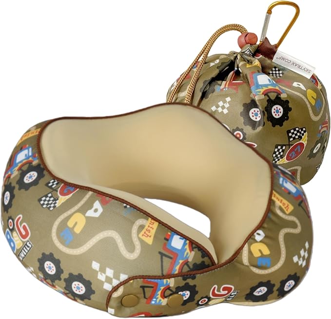 SKYTRAX® Certified Kids Safe Memory Foam Travel Neck Pillow for Kids and Toddlers, Cute Cartoon Design, Car Seat & Airplane Head Neck Support, Adjustable Snap Button, Washable Soft Cover (Racecar)