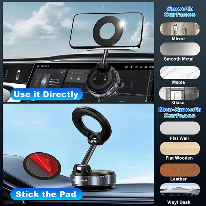 Vacuum Magnetic Phone Holders for Your Car, 360° Adjustable Car Phone Holder for Magsafe with Powerful Magnet, Folding Car Mount for iPhone 17 Pro Max 16 15 14 13 12 Air Plus & Android