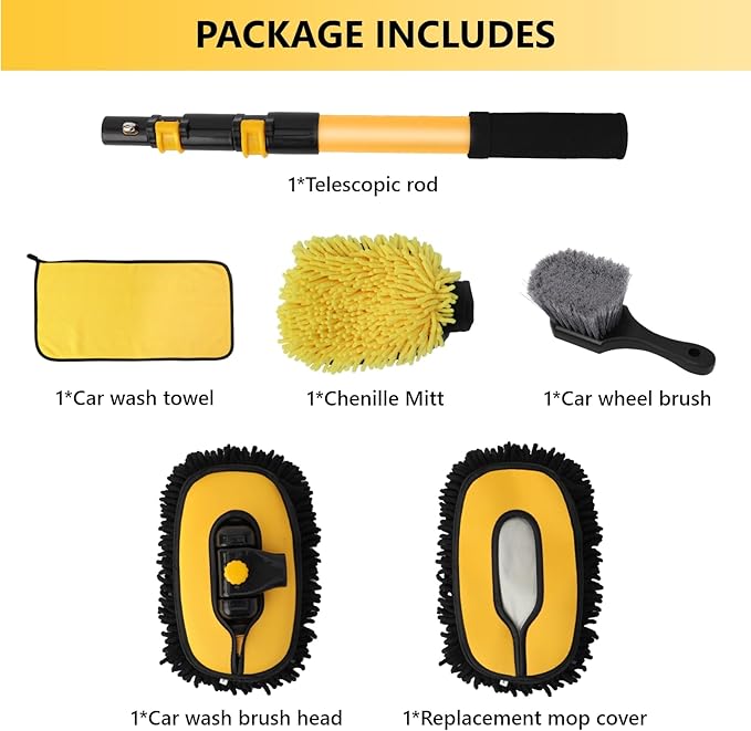 Car Wash Brush with Long Handle, 15°Curved Car Cleaning Brush with Replaceable Head Cover, Truck Washing Brushwith Telescopic Handle Wash Mop Kit 5PCS