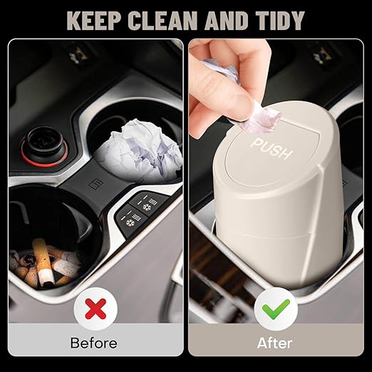 Car Trash Can Bin with Lid - 2 Packs Car Garbage Can Cup Holder-Light Beige Mini Leakproof Vehicle Garbage Bin with 40pcs Trash Bags-Automotive Organizers and Storage for Front Back Seat Accessories