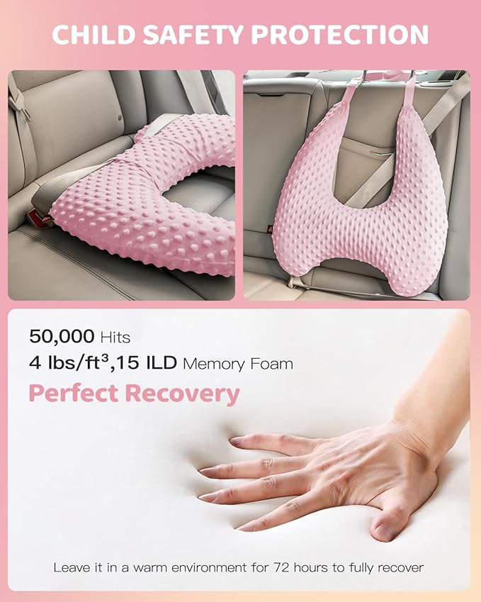 Memory Foam Kids Travel Pillow, Car Pillow for Kids, H-Shape Car Pillows for Sleeping, Removable Pillowcase, Adjustable, Velvet Dots, Pink