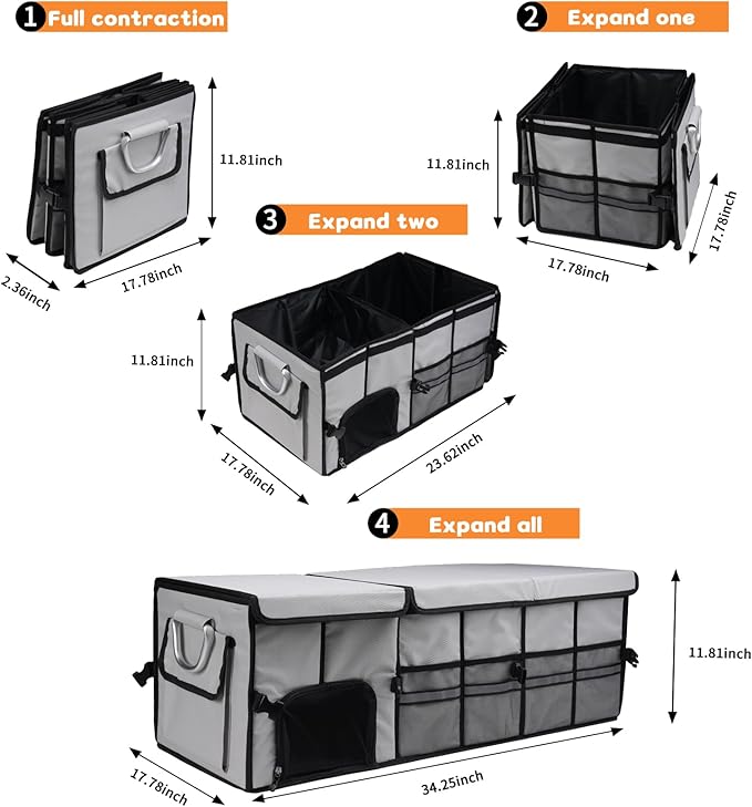 HAMOPY Car Trunk Organizer and Storage with Separate Compartment for 1 Pair of Shoes, Heavy Duty with Lid & Removable Leakproof Cooler Bag, Collapsible Large Trunk Organizers for SUV Sendan (Grey)