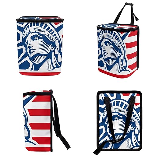 1.2 Gallons Car Garbage Can, Statue of Liberty Car Trash Can Front Seat, Adjustable Hanging for Tail of Console/Back of Seat, Odor-Free with Zipper Leak-Proof Design, Mini Size for Convenience