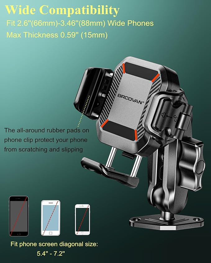 BRCOVAN Anti-Theft Phone Mount Holder with Vibration Dampener [Camera Friendly] [1s Lock & Release], with Aluminum Diamond Base & Medium Arm for Car Boat Truck Motorcycle UTV ATV Fit 5.4-7.2'' Phone