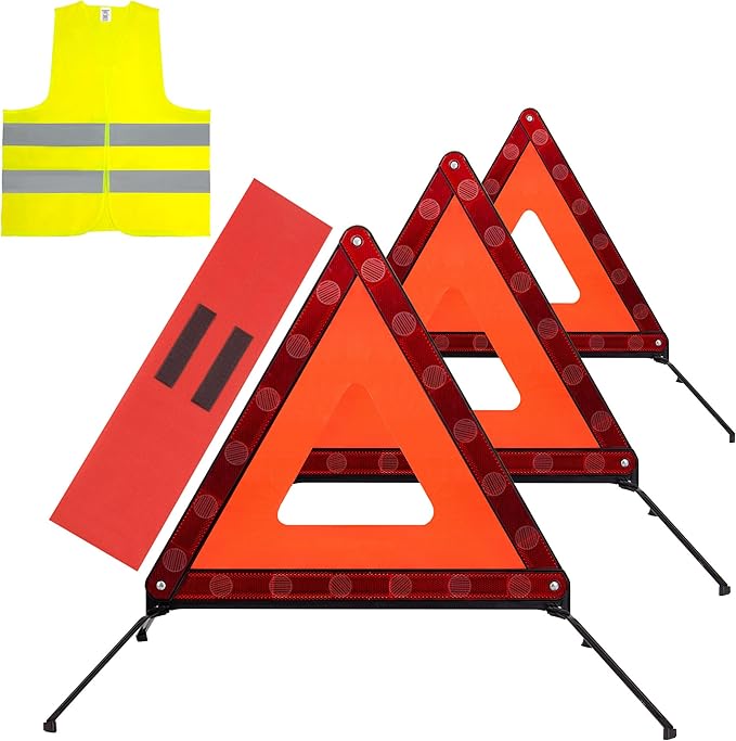 AYKRM 3PACK Car Warning Triangle Heavy Reflective Warning Road Safety Triangle Kit Suitable for car Breakdown and Temporary Parking on The Road.