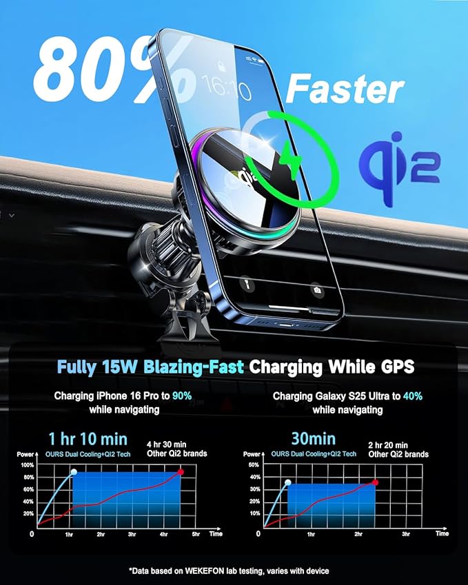 for Qi2 15W MagSafe Car Mount Charger RGB Light, Ice Cooling Magnetic Wireless Car Charger Phone Holder, Air Vent Fast Charging for iPhone 17 16 15 14 13 12 Pro Max Air, Galaxy S25, Car Accessories