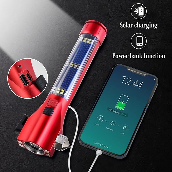 Car Flashlights for Emergencies, Window Breaker Seatbelt Cutter Multifunction Solar Flashlights, Waterproof LED Flashlight Rechargeable Solar Powered Emergency Flashlight for Outdoor