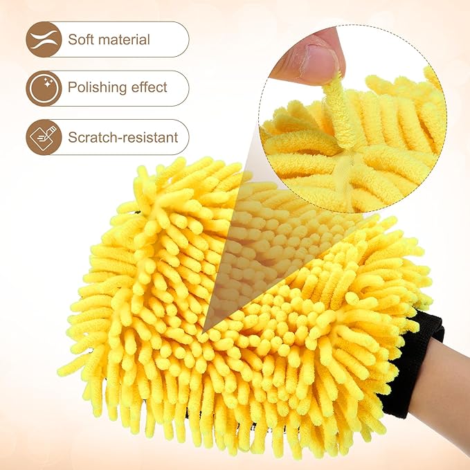 HARFINGTON Chenille Microfiber Car Wash Mitts 9.8" x 7.9" Scratch Free Wash Gloves Absorbent Double Sided Plush Cleaning Drying Mitts for Car Washing Home Clean, Yellow
