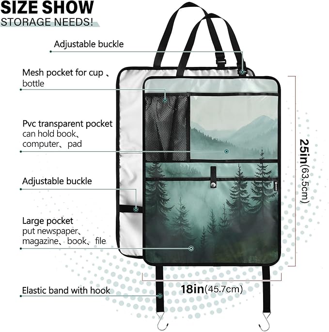 1 Pack Back Seat Car Organizer with Storage Pockets Kick Mats Back Seat Protector Hanging Car Organizer Automotive Seat Back Cover Organizers Green Mountains and Pine Trees