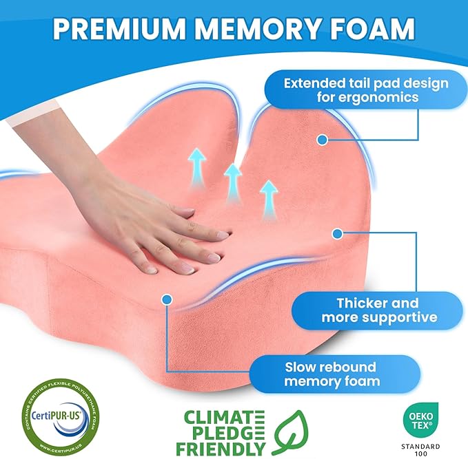 Seat Cushion, Memory Foam Office Chair Seat Cushion for Office Chairs/Car/Long Trip/Desk Chair/Gaming, Large Size for Sciatica & Hip & Tailbone Pain Relief, Sciatica Support (Pink)