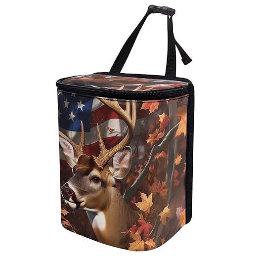 Camo Deer Car Trash Can American Flag Trash Bin with Zip Closure Hanging Vehicles Boat Camping Picnic Storage Organizer Bag Automotive Accessories