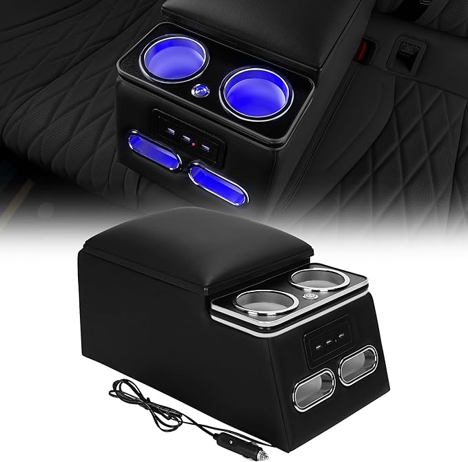 Universal Truck Seat Organizer with Padded Armrest Lid | Features 3 USB Ports, 2 Drawers & Cup Holders | Extra Storage for Car, SUV & Van