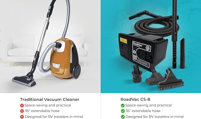 InterVac RoadVac CS-8 with Kit, RV Vacuum for Boats, Kitchens & Tiny Homes, Compact Central Vacuum, Superior Central Vacuum Accessories, Wall-Mounted, W/ 35" Stretch Hose