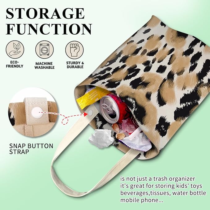 Car Trash Can, Cute Car Trash Bag, Hanging Car Organizer and Storage Bag, Trash Bin for Car Accessories, Vehicle, Travelling, Camping Black Brown Leopard