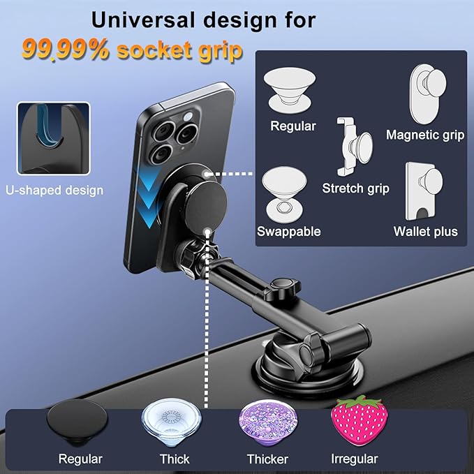 Car Mount for Pop Socket, Dashboard Windshield Car Phone Holder Compatible with Popsocket, Powerful Suction Cup Car Phone Mount Fits All Smartphones with Pop Grip