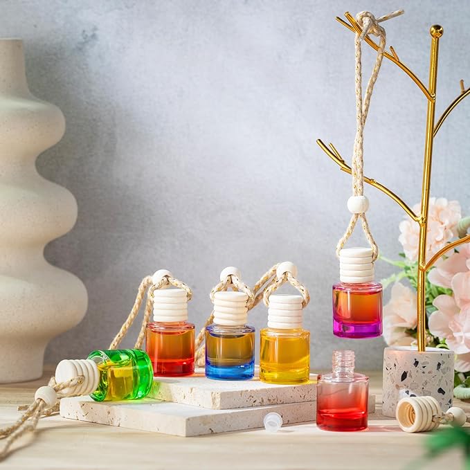 Domensi 70 Pieces Hanging Car Diffuser Air Freshener Bottle Bulk Empty Glass Refillable Perfume Bottles Oil Diffuser Aromatherapy Pendant for Auto Interior Ornaments Decor (Multicolor)