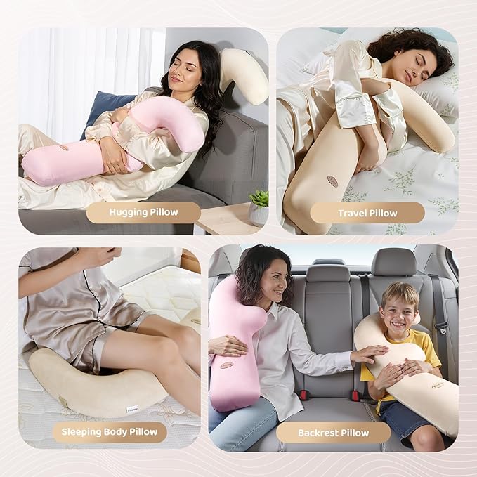 FLORICH Memory Foam Kids Travel Pillow, Car Sleeping Pillow, F-Shape Car Pillows for Adults and Children, Traveling Car Pillow for Kids with Removable Pillowcase (Beige)