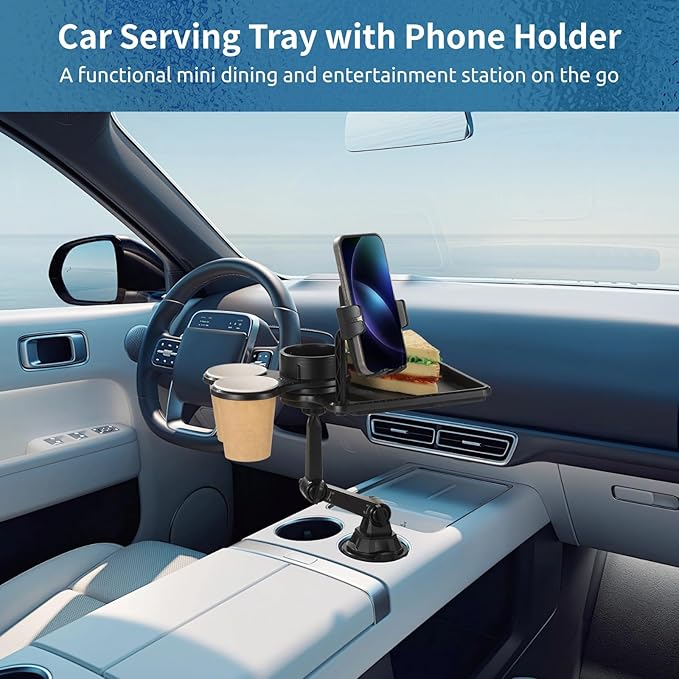 Cup Holder Tray for Car, Car Cup Holder Tray with Phone Stand, Car Table Tray, Detachable 360° Rotation, Ideal for Daily use and Road Trip Dining (1 Food Tray)