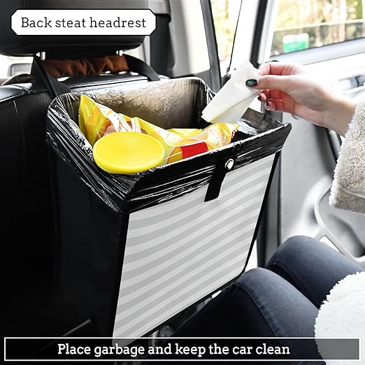 Grey Stripes Car Trash Can Foldable Hanging Waterproof Medium Automotive Garbage Cans Trash Bin Storage Bag Car Dustbin Organizer Accessories Large 11x11x5.9