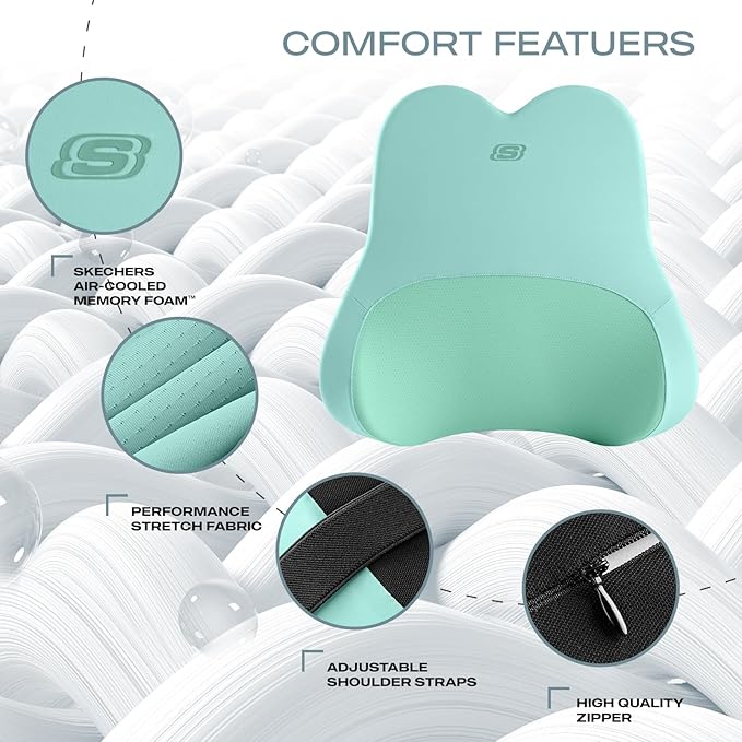Skechers Air-Cooled & Memory Foam Lumbar Pillow,Lumbar Support Pillow for Office,Chair Lower Back Pain Relief Lumbar Pillow,Ergonomic Design Back Support Pillow for Office Chair,Car,Home,Travel,Green