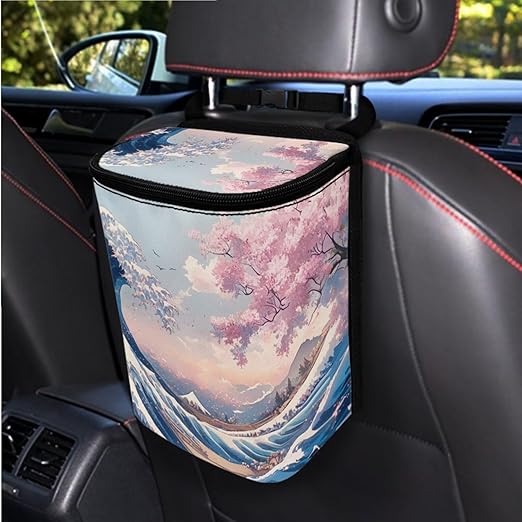 1.2 Gallons Car Trash Can, Ukiyo-e Print Car Garbage Can for Back Seat, Leak-Proof Zipper Seal, Durable Polyester Material Washable, Ideal for Car Interior & SUV - Auto Garbage Solution