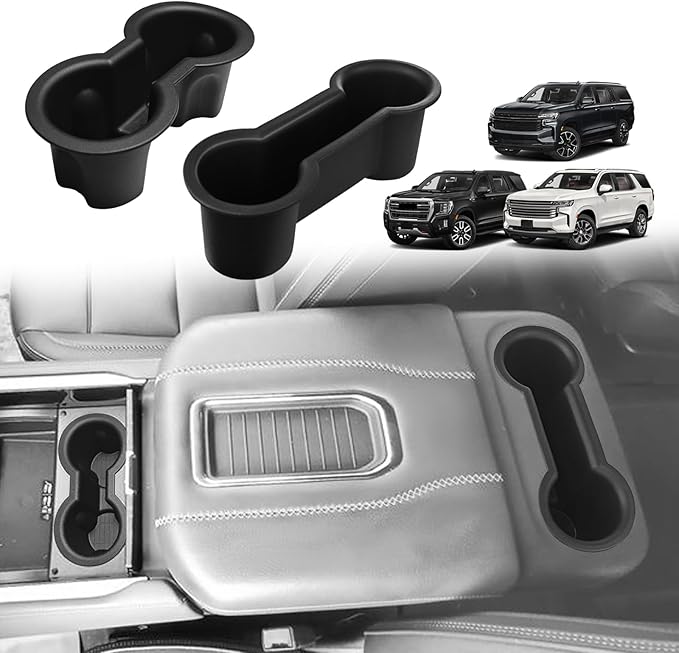 Muslogy Center Console Front&Rear Cup Holder Inserts Compatible with 2021-2023 2024 GMC Yukon Chevy Tahoe Suburban Accessories Middle Console Silicone Organizer Non-Slip Drink Stopper 2PCS Set