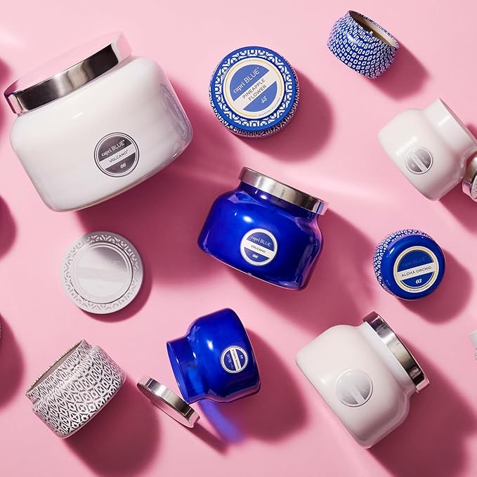 Capri Blue Volcano Printed Travel Tin Jar Candle - Luxury Candle with a Long Lasting Soy Wax Blend - Scented with Tropical & Fruity Fragrance (White Color, 8.5 oz)