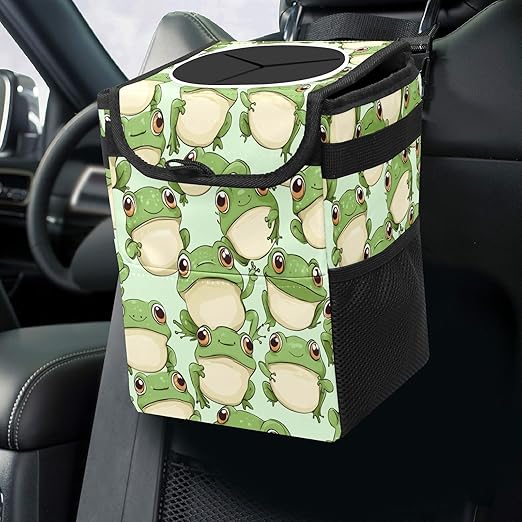 Car Trash Can with Lid & Multiple Pockets,Foldable Vehicle Garbage Bin Waterproof & Leak Proof Automotive Garbage Cans Car Accessories for Women Men Road Trip Essentials Frogs