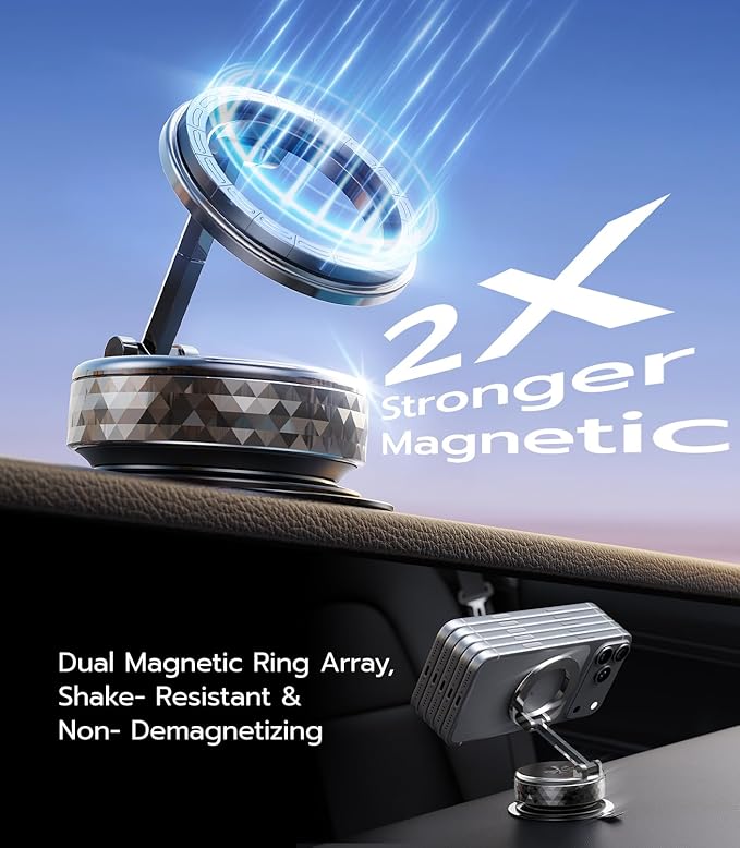 Meifigno Magnetic Car Phone Holder for Tesla Screen & Backplate,[All-Metal] 360° Rotation Vacuum Suction Cup Car Phone Mount for Magsafe, Foldable Car Phone Holders for Your Car for iPhone Android
