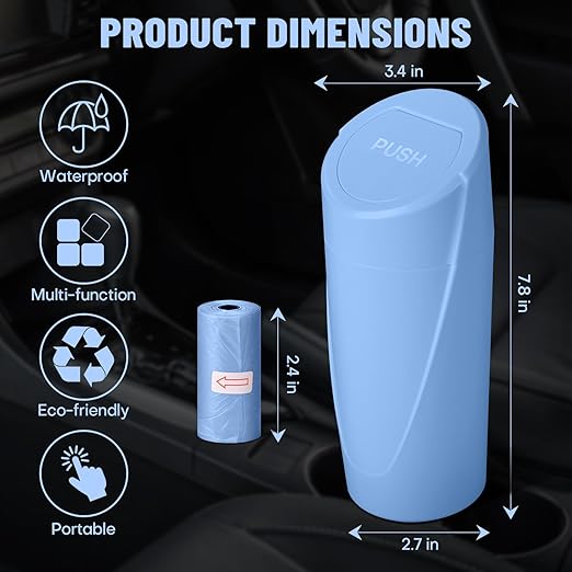 Car Trash Can with Lid - Blue Mini Leakproof Vehicle Garbage Can Bin with 20pcs Trash Bags - Car Organizers and Storage for Front Back Seat Accessories
